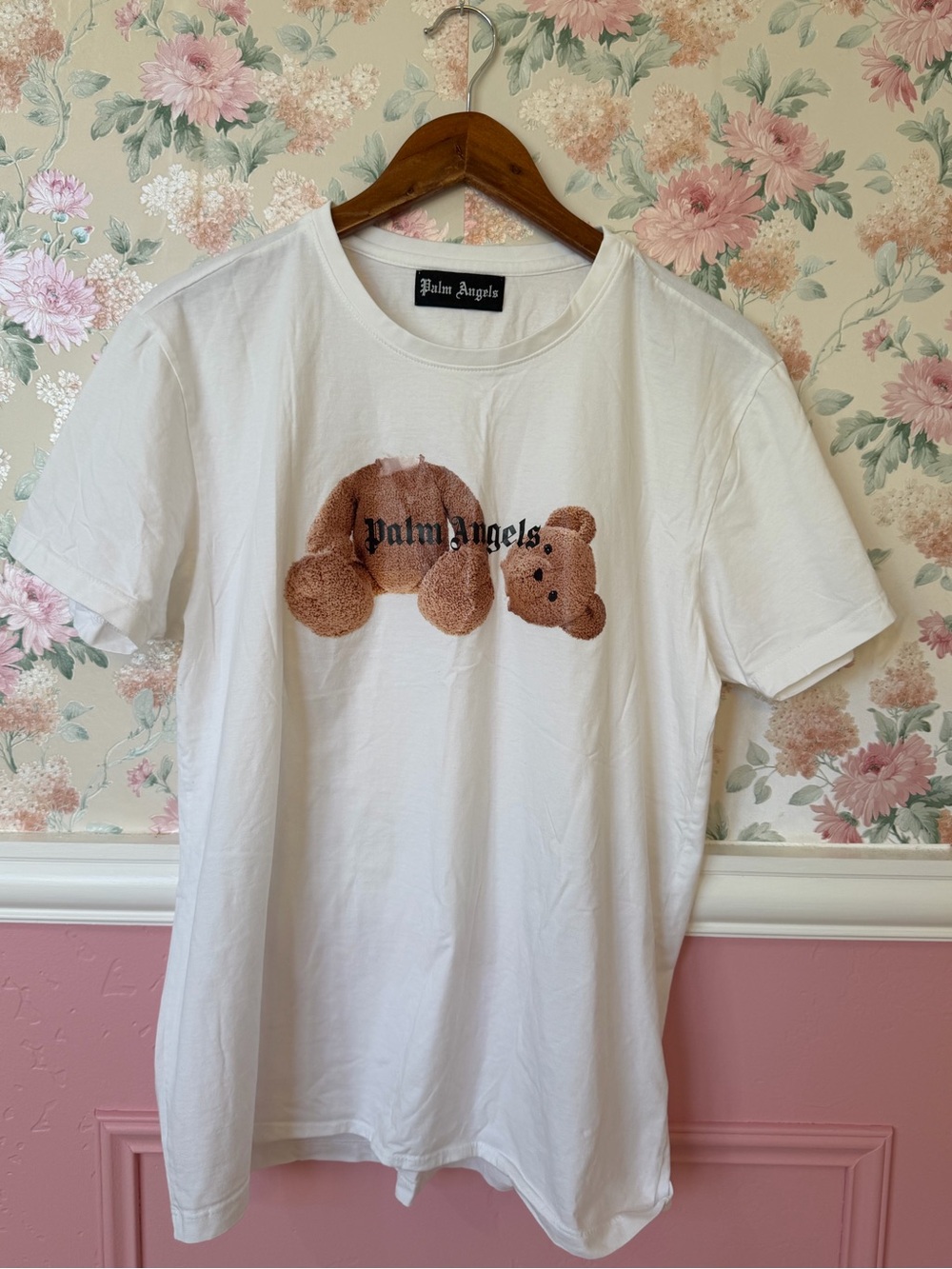 Palm Angels White Tee with Brown Teddy Motif